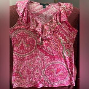 Lauren/Ralph Lauren,Sz Small sleeveless V neck ruffled shirt .